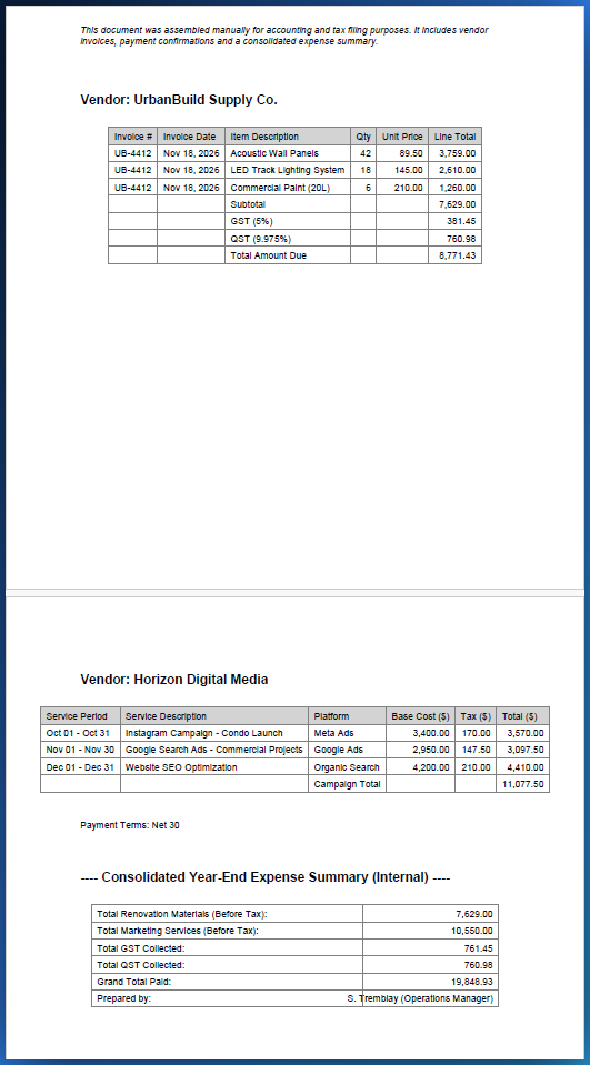 Original multi-page PDF invoice with mixed table structures